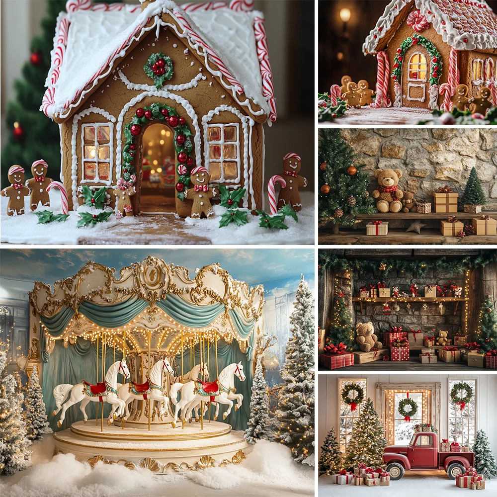 

Photography Background Christmas Gingerbread Wood Door Gifts Xmas Tree Kids Family Portrait Decor Backdrop Photo Studio