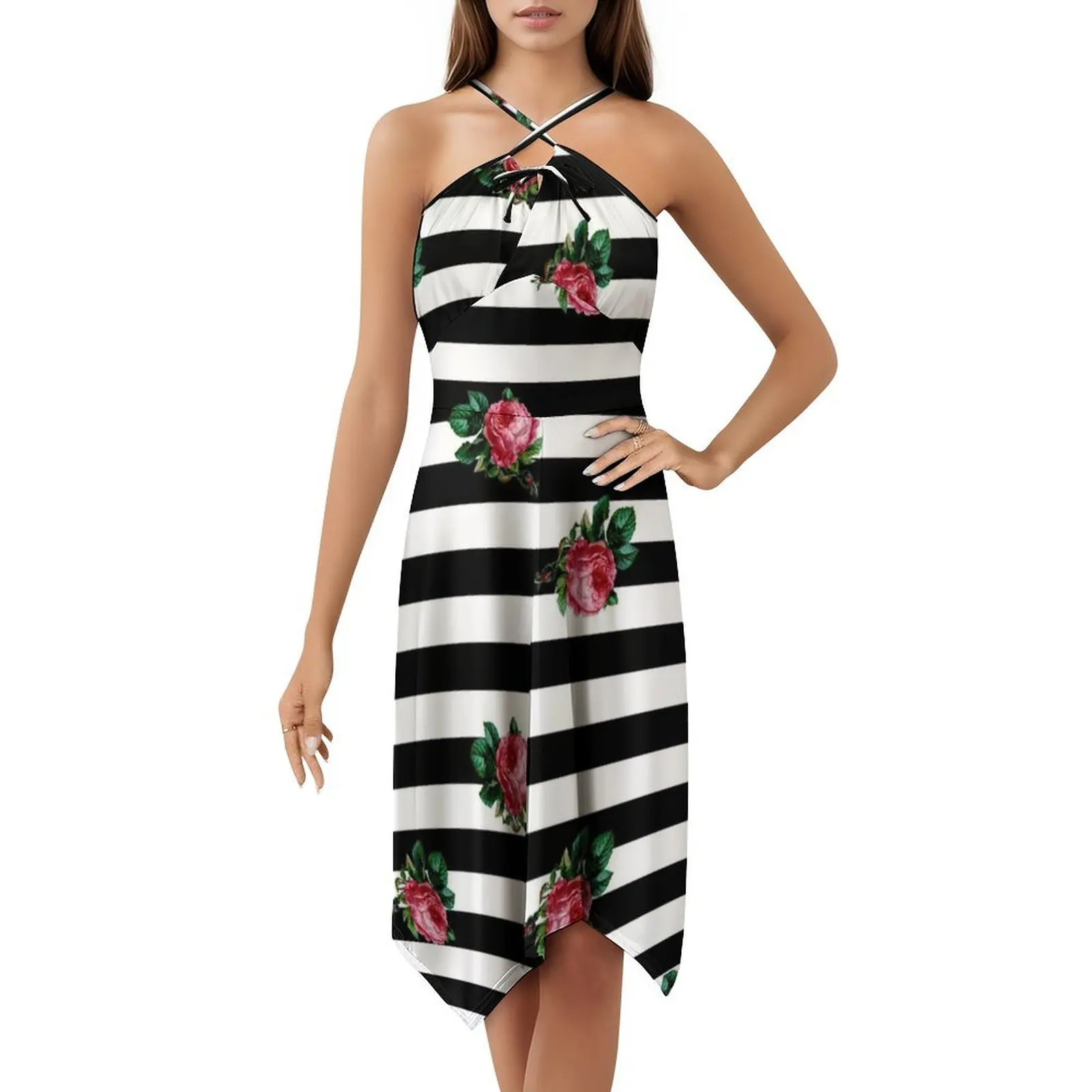 فستان كاجوال على الطراز الكوري من الورود بخطوط سوداء للنساء فساتين بسيطة يومية للمكتب للسيدات خطوط سوداء ملابس نسائية #5