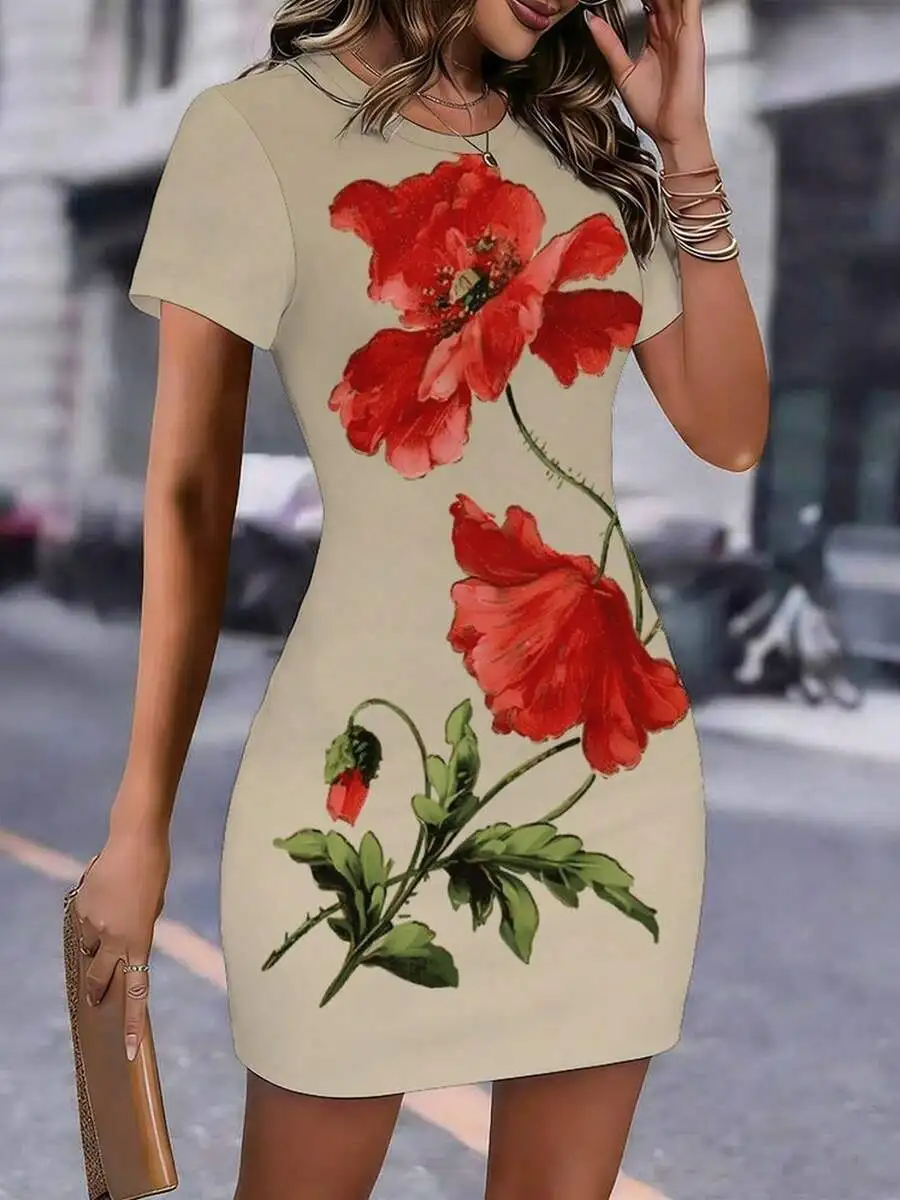 

Elegant Womens Bodycon Dress With Floral Print Round Neck Short Sleeve