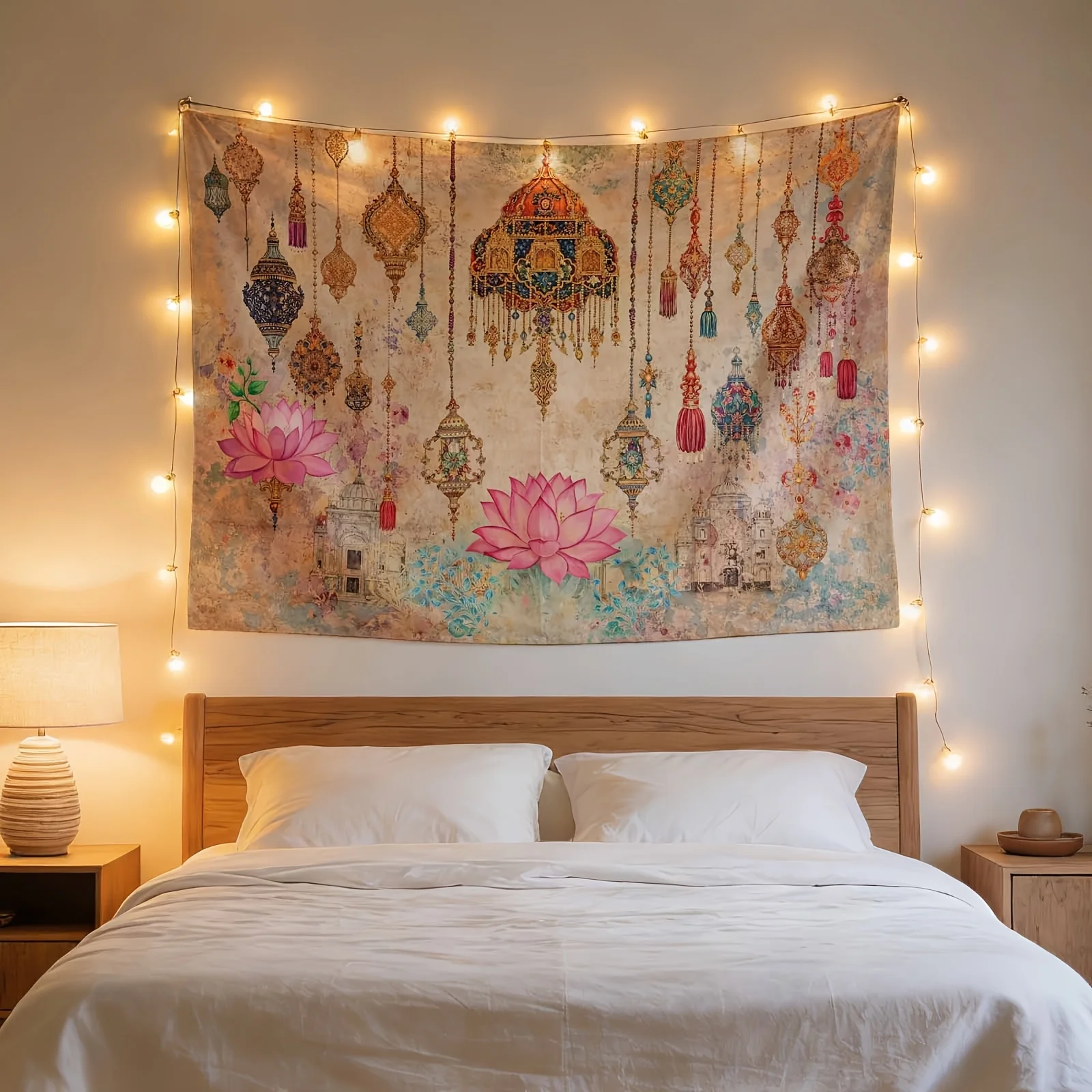 Bohemian Moroccan Gold Tapestry Wall Hanging Polyester Luxe Floral Dreamcatcher Ethnic Decor Boho Chic Living Room Accent Art Pi