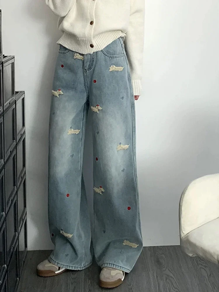 

New Women Retro Washed Embroidered Straight Leg Jeans Spring High Street Fashion Loose High Waisted Women's Wide Leg Pants