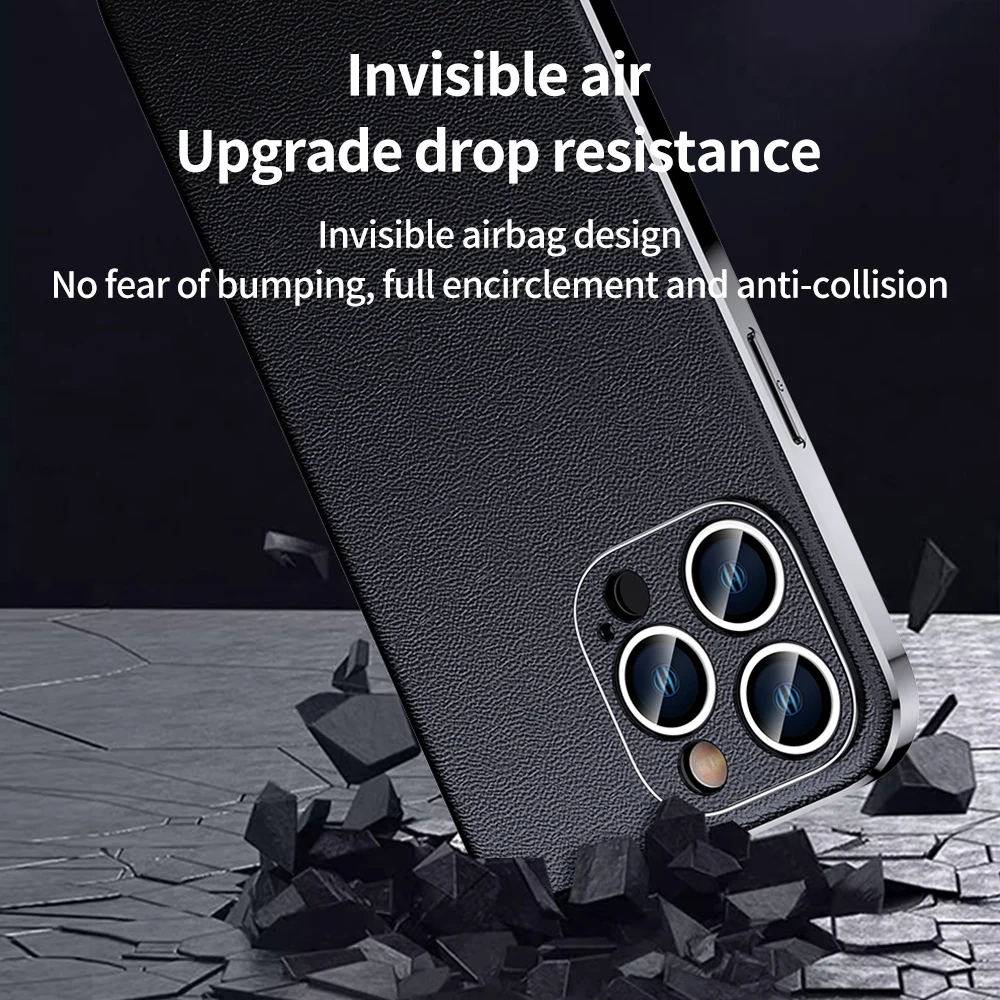 LANGSIDI Luksusowe, ultracienkie, odporne na wstrząsy skórzane etui na iPhone 17 16 Pro Max 15 Plus 14 13 12 11 z osłoną ochronną na obiektyw. — zdjęcie produktu 4