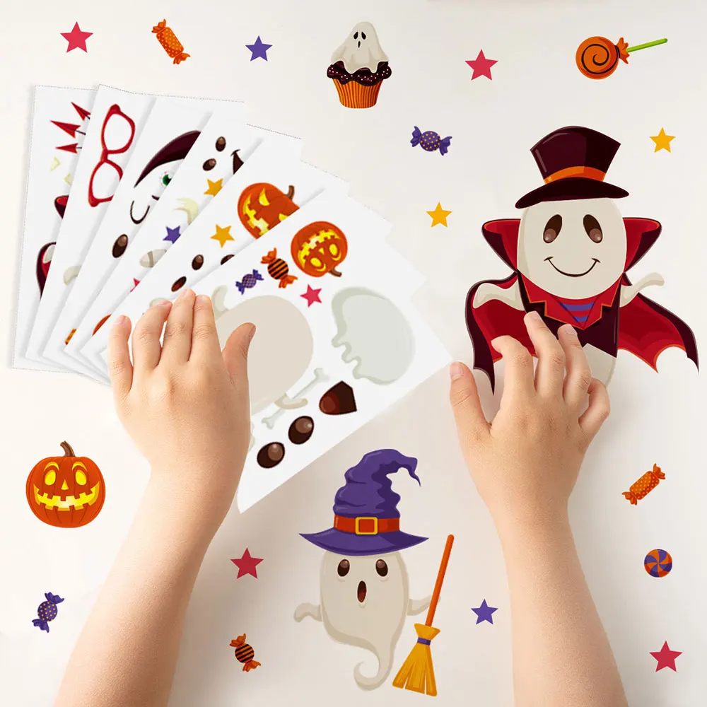 Buat wajah stiker Halloween permainan Puzzle anak buat hantu penyihir DIY merakit Jigsaw mainan pesta anak-anak