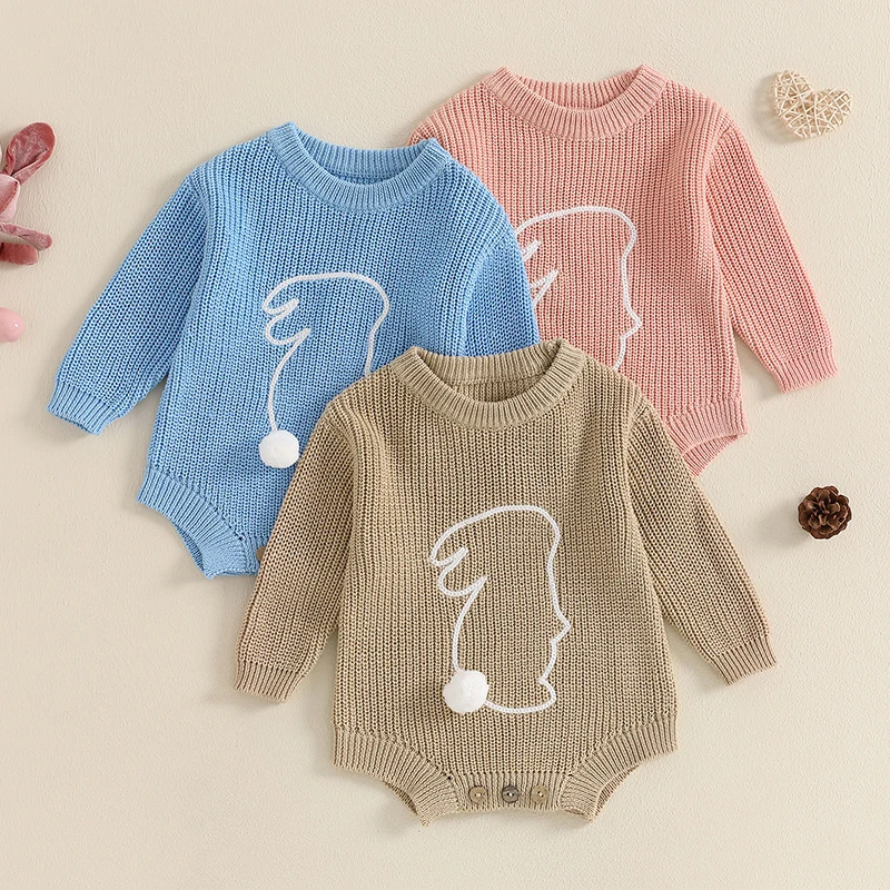 Newborn Kids Baby Girls Boys Clothes Baby Easter Romper Spring Long Sleeve Bunny Embroidery Knit Bodysuit Newborn Playsuit