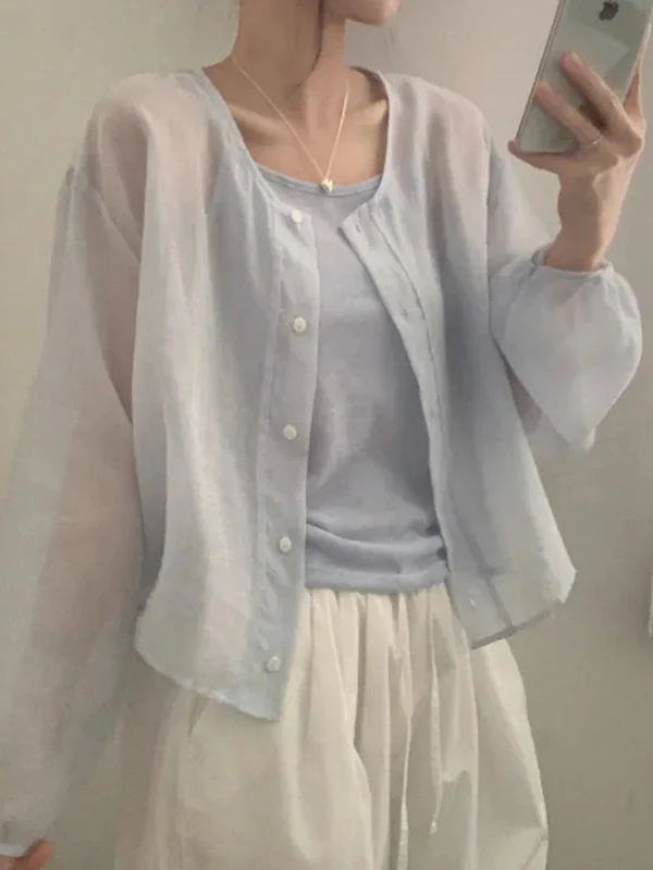 

Fashionable Chic Sun Protection Shirt Strap Thin Air Conditioning Sun Protection Set Two-Piece Button-Up Cotton Long Sleeve r...