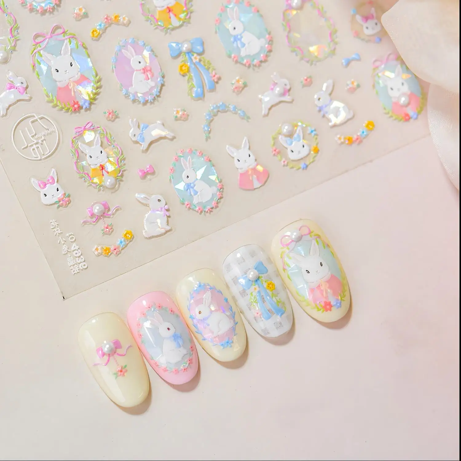 Autocollants pour ongles lapin mignon 5D, 1 pièce, usage quotidien, ton Pastel brillant, accessoires pour Nail Art, voyage de vacances, joli lapin Kawaii