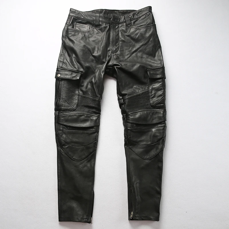 Men's real leather pantsuit do old long pants can be installed with protective gear multi pocket cowhide full grain cow leather