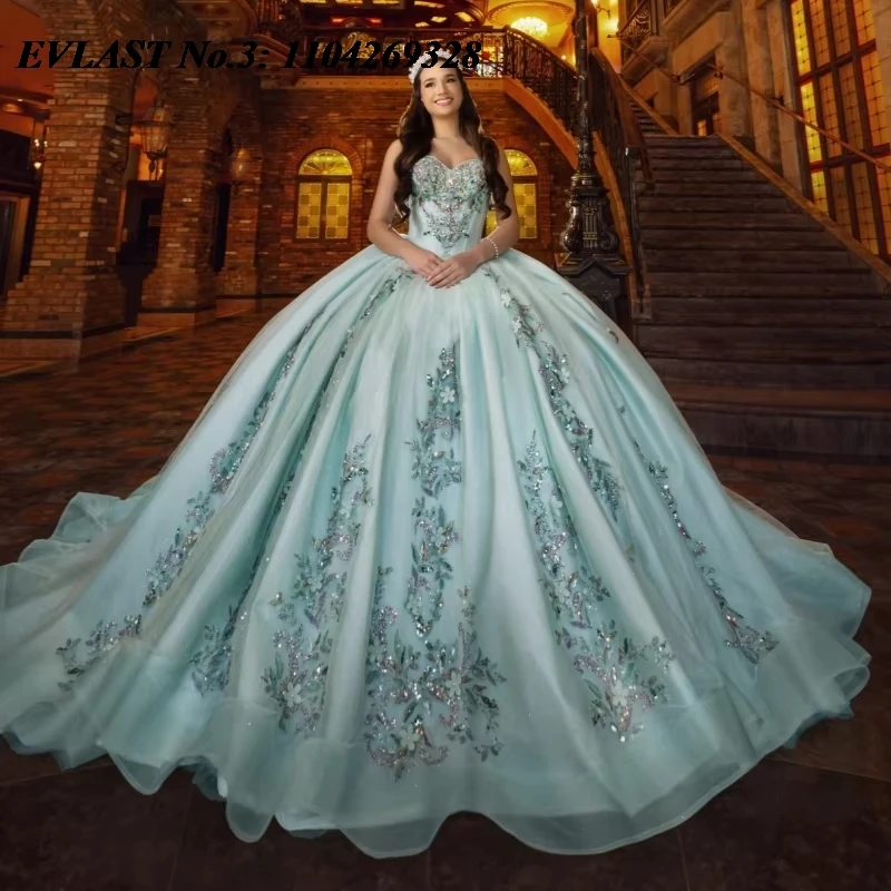 EVLAST Customized Shiny Turquoise Quinceanera Dress Applique Sequins Beading Corset Sweet 16 Dress Vestidos 15 De XV Años E3Q893