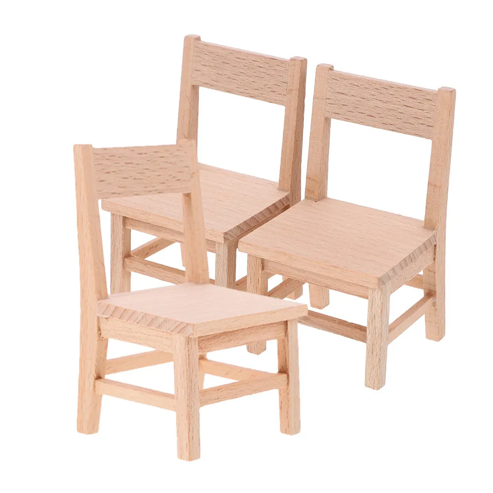 3pcs Wooden Miniature Chairs for Dollhouse – Natural Finish, Realistic Proportions, Sturdy & Compact Decor