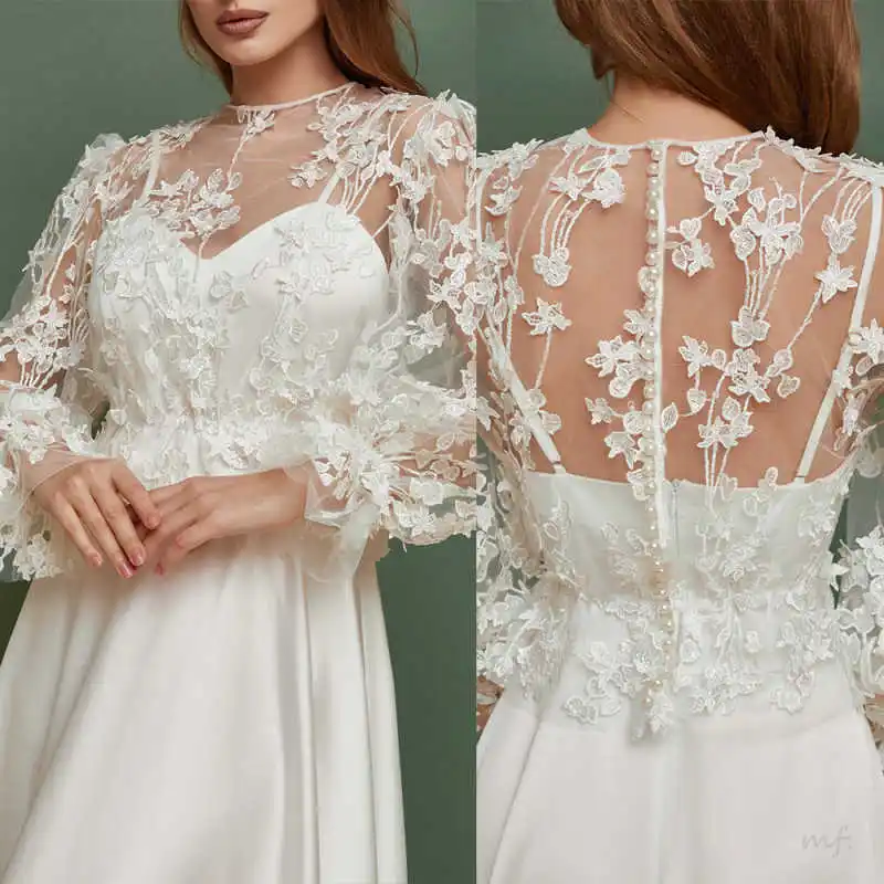 

Princess Bride Bolero Jacket Appliques Lace Long Sleeve 3D Flowers For Bridal Dress Customized Wedding Accessories