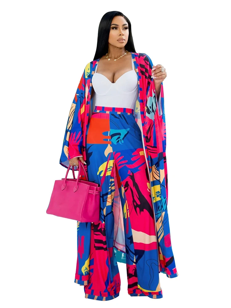 Szkzk Multicolour Print Loose Casual Maxi Long Cardigan Outerwear And Wide Leg Pants Sexy Holiday Party Two Piece Set Outfits