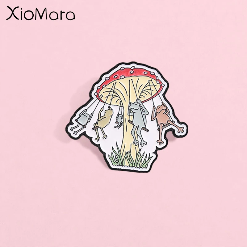 Cute Frog Swing Under Mushroom Enamel Pin, Cartoon Whimsical Forest Cartoon Badge, Fashion Accessory, Gift for Nature Lovers