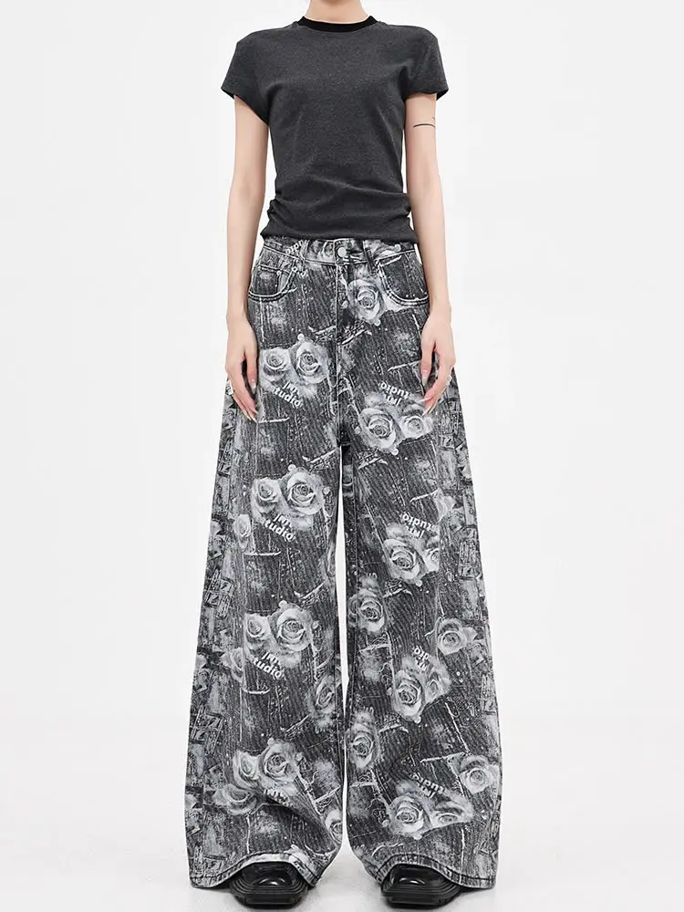 

2025 г., американские ретро Y2K, модные серые мешковатые женские джинсы с принтом роз, брюки, уличная одежда, широкая женская одежда, джинсовые брюки