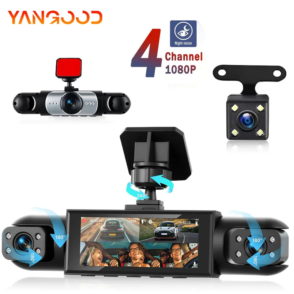 4-Channel 360 ° Dashcam Front Rear Left Right CarDVR Night Vision Motion Detection 24/7 Park Mode Monitor For Reverse Assistance