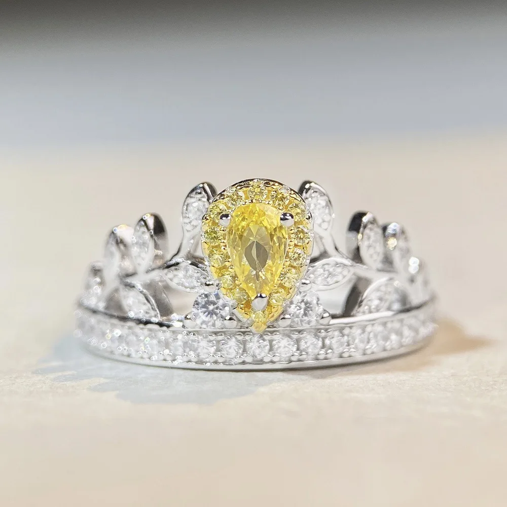 

S925 Pure Silver Crown Ring, Female Xiaohongshu Same Style Yellow Diamond Ring, Droplet Pear Shaped Wheat Ear Ring