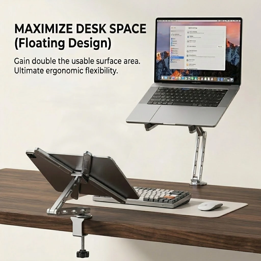 Laptop Arm Ständer 2026 Professionell mit Schnellwechsel Tablett, Aluminium Ergonomisch Höhenverstellbar Tisch Klemme 360 Grad Drehbar Universal für Büro Zuhause Gaming Streaming MacBook Pro Air