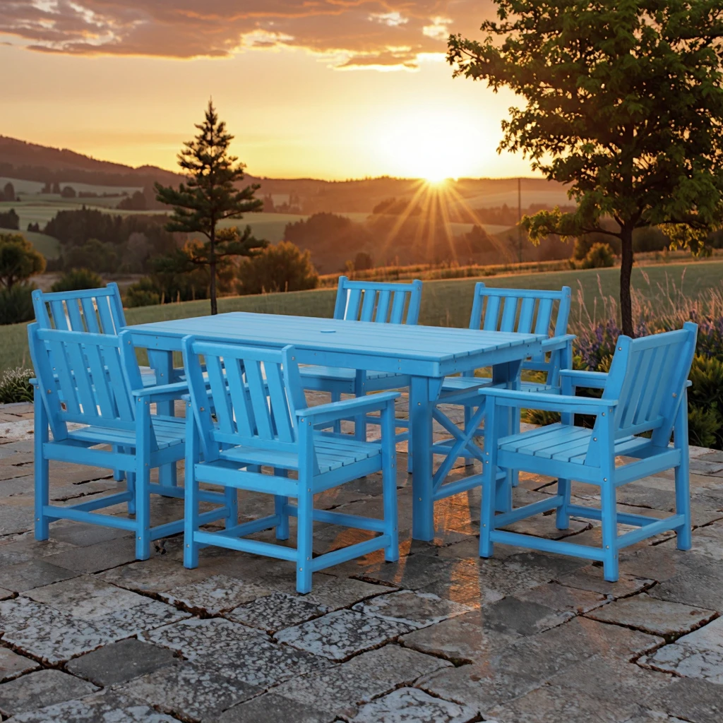 

7-Piece Lightweight HDPE Garden Patio Dining Table Set with Umbrella Hole Modern Style 6 Chairs for Outdoor Hotel Use