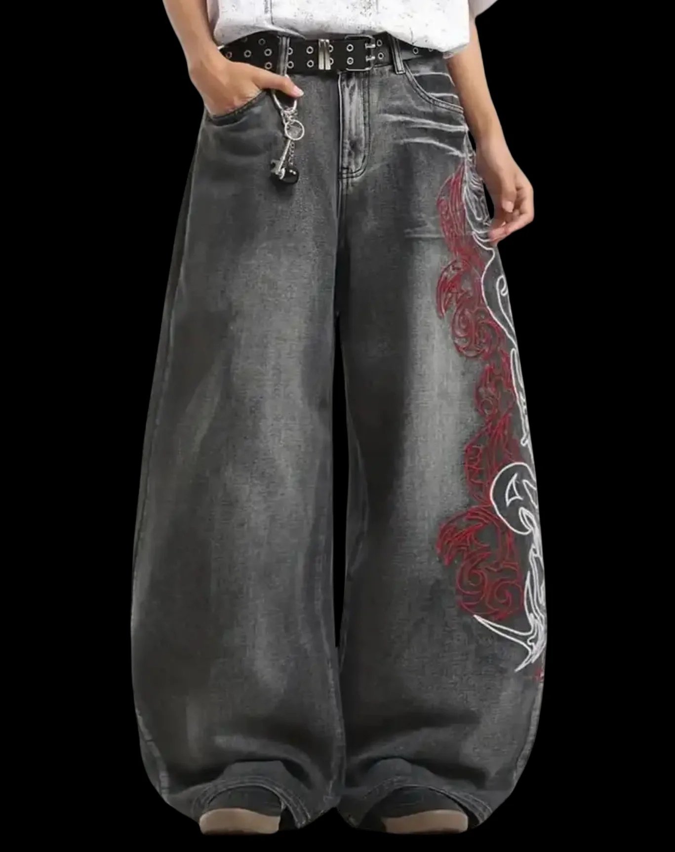 جينز فضفاض مطرز بنمط شريطي جديد لعام 2025 للرجال والنساء سروال هيب هوب عتيق للزوجين غير رسمي واسع الساق من قماش الدنيم