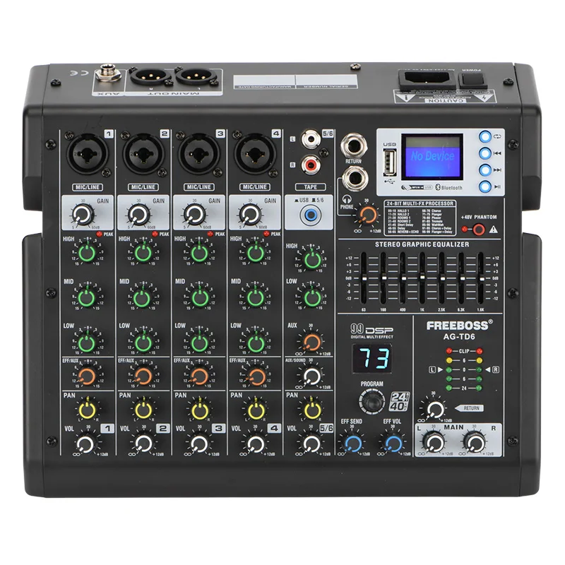 

7 Band EQ Sound Mixer 6 Channels 99 DSP Effects Bluetooth USB Play Record Mixing Console for DJ Studio Karaoke FREEBOSS AG-TD6