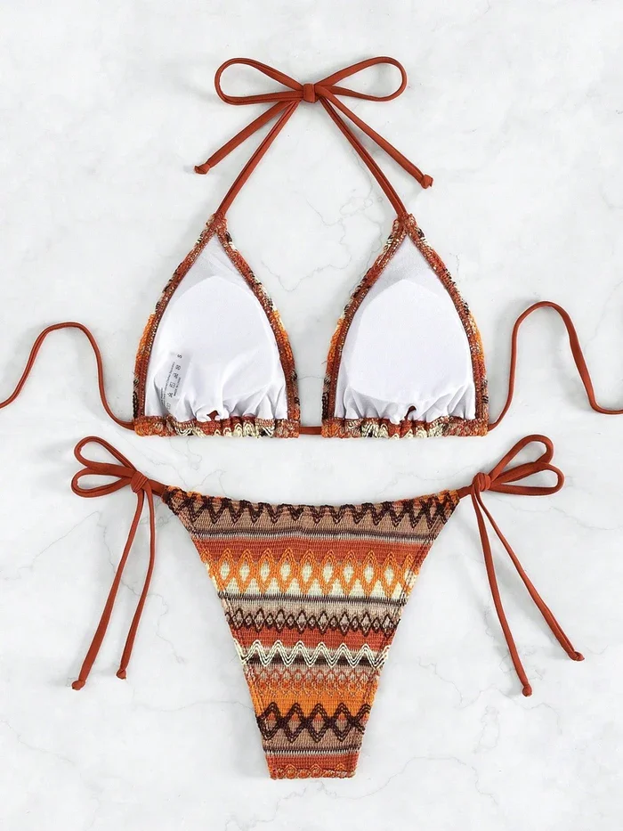 Women\'s Boho Geo Print Cute Bathing Suit High Waisted Halter Tie Back Swimsuit Triangle Cup Sexy Bikini Set