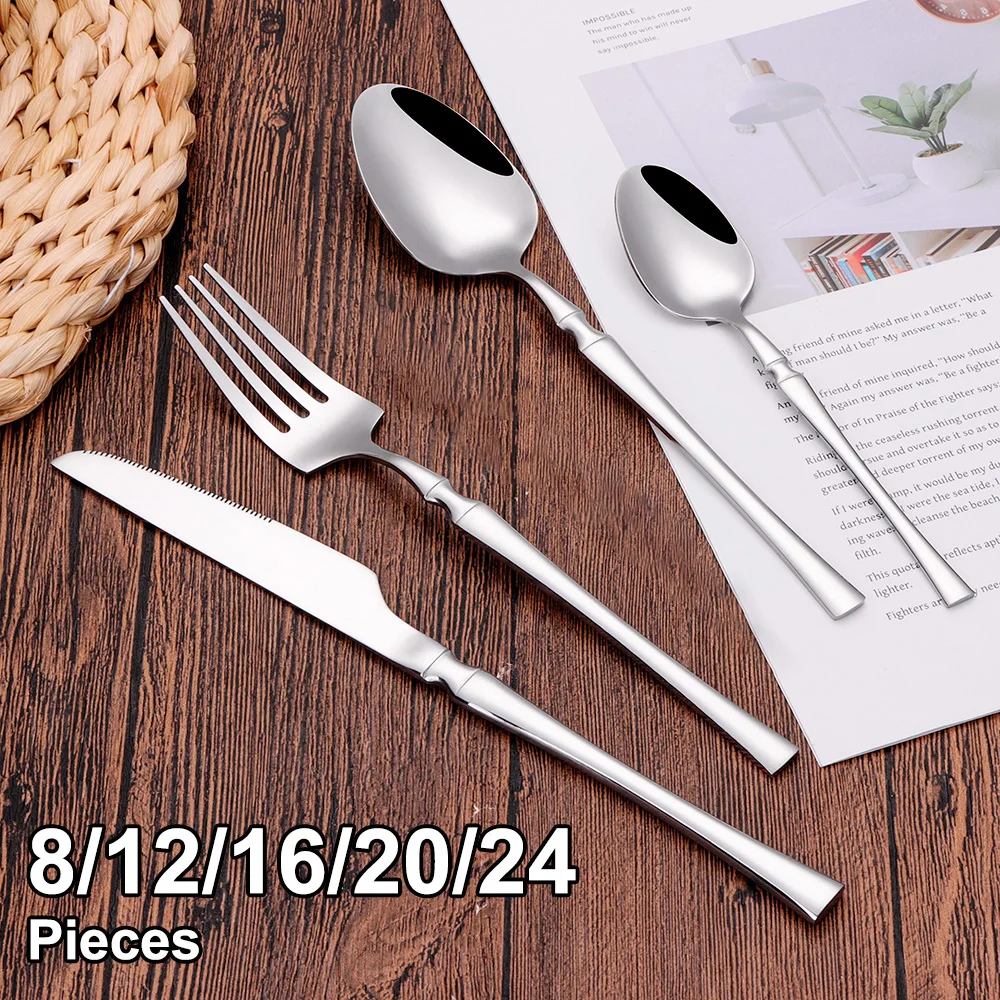 8/12/16/20/24Pcs Sliver Thin Cutlery Gold Dinner Set Stainless Steel Tableware Mirror Western Knife Fork Spoon Solid Color