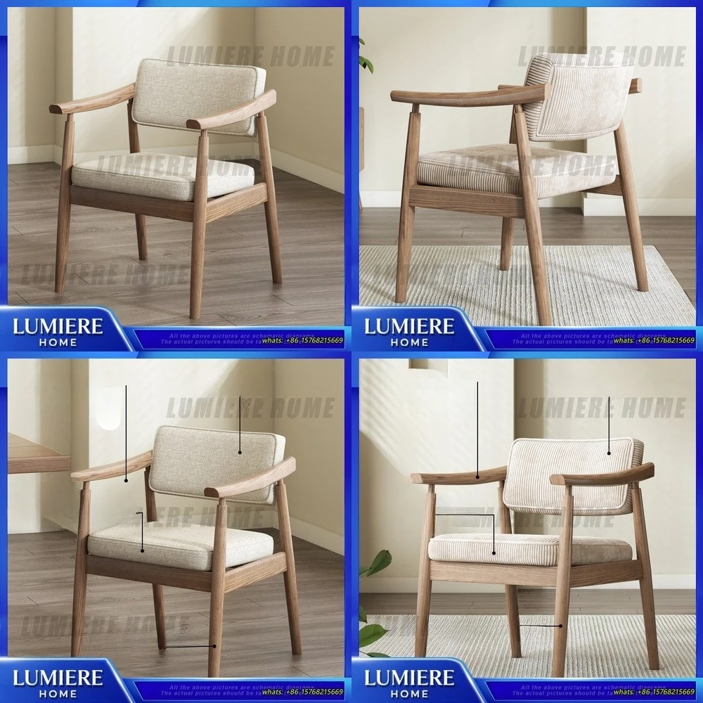 

Кресло из цельного дерева с мягким сиденьем, обеденный стул в стиле ретро для кафе, ресторана, офиса, кабинета, бежевый льняной вельвет