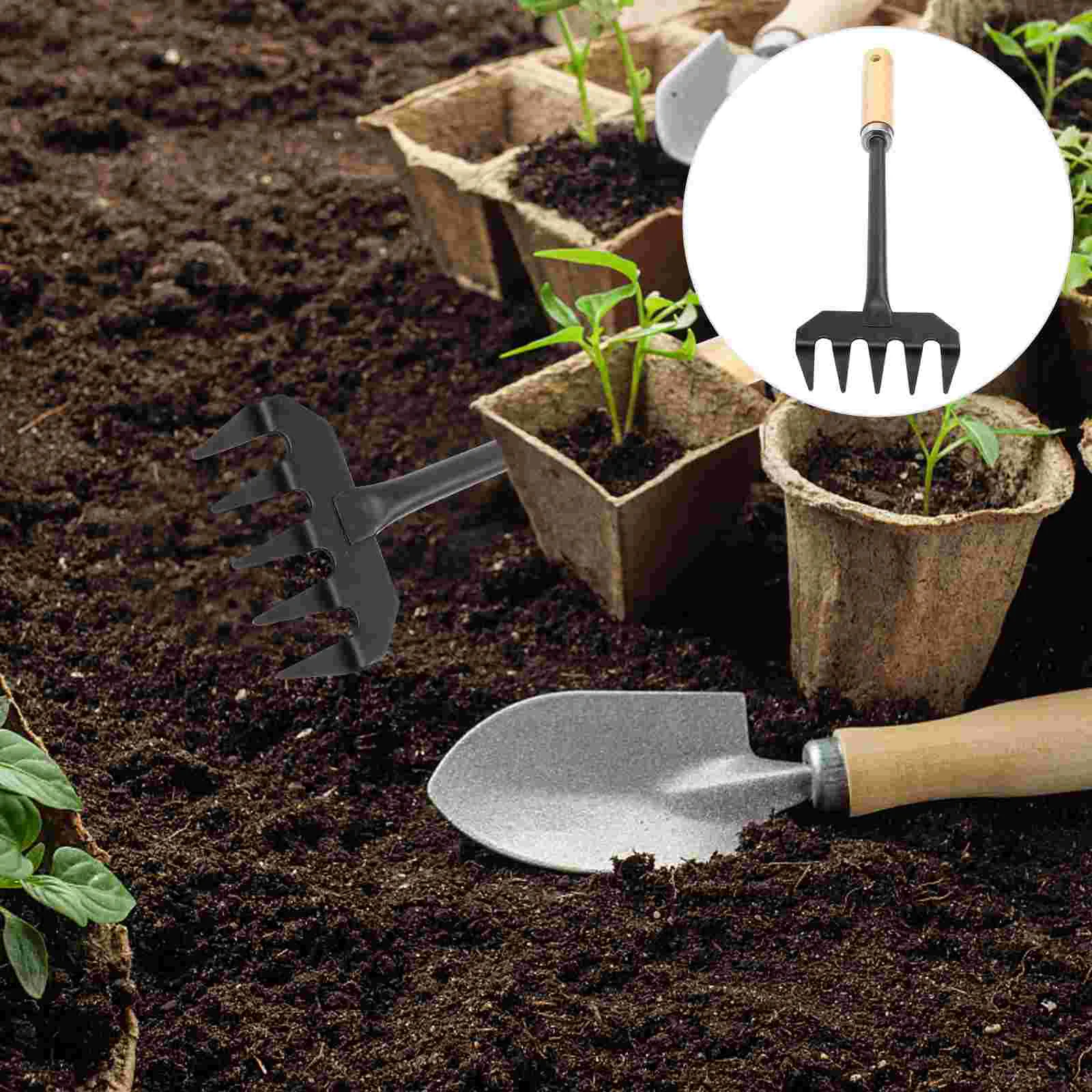 

Manual Gardening Rake Five Tooth Hand Tiller Tool Mini Cleaning Gadgets Black Wood