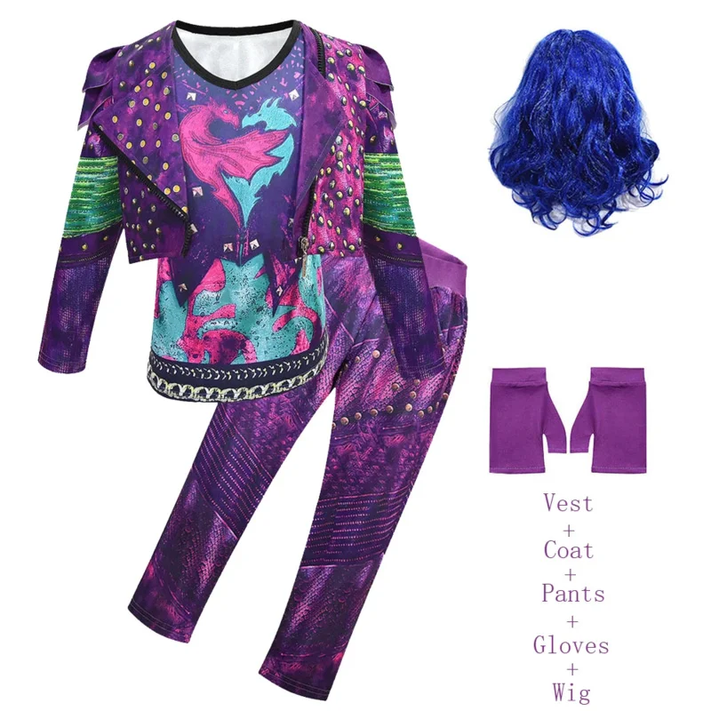 girls Descendants 3 Mal costume for Evie Cosplay Child Fantasia Halloween Clothes Wig Birthday Party Fancy Dress