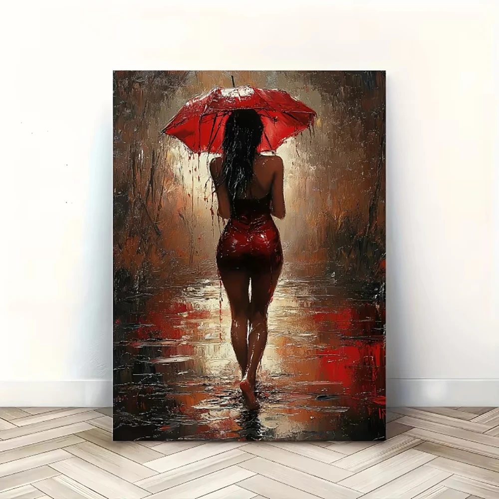 Romantic Rainy Night Canvas Art with Red Lady Canvas Painting Elegant Woman Poster and Prints Wall Art for Home Decor Gift
