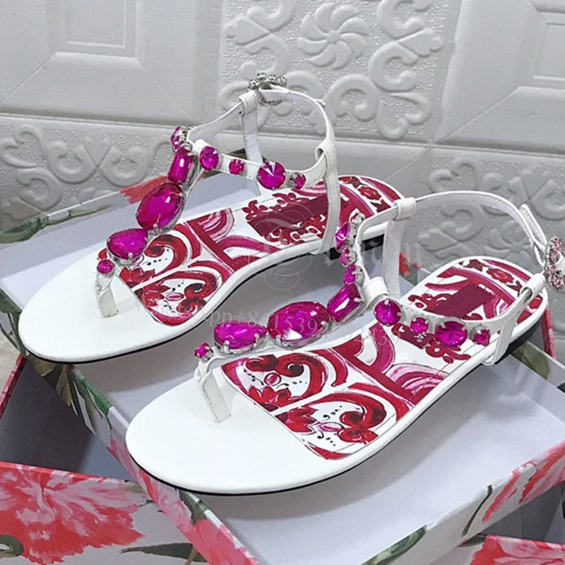 Red Gem Studded Flat Sandal Womens Print Gold Graffiti Blue Silver Casual Heel Open Flip Buckle Concise Slingback Gladiator Shoe