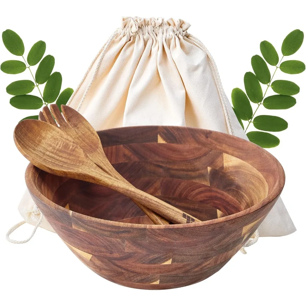 

Large Acacia Wood Salad Bowl Set with Utensils, Handmade Durable Natural Wood Serving Bowls for Food and Fruit