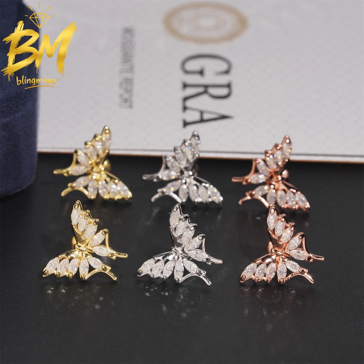 

Blingminer Butterfly 14mm S925 Silver VVS Moissanite Earrings For Men Women Ear Studs Jewelry Pass Diamonds Tester GRA Free Ship