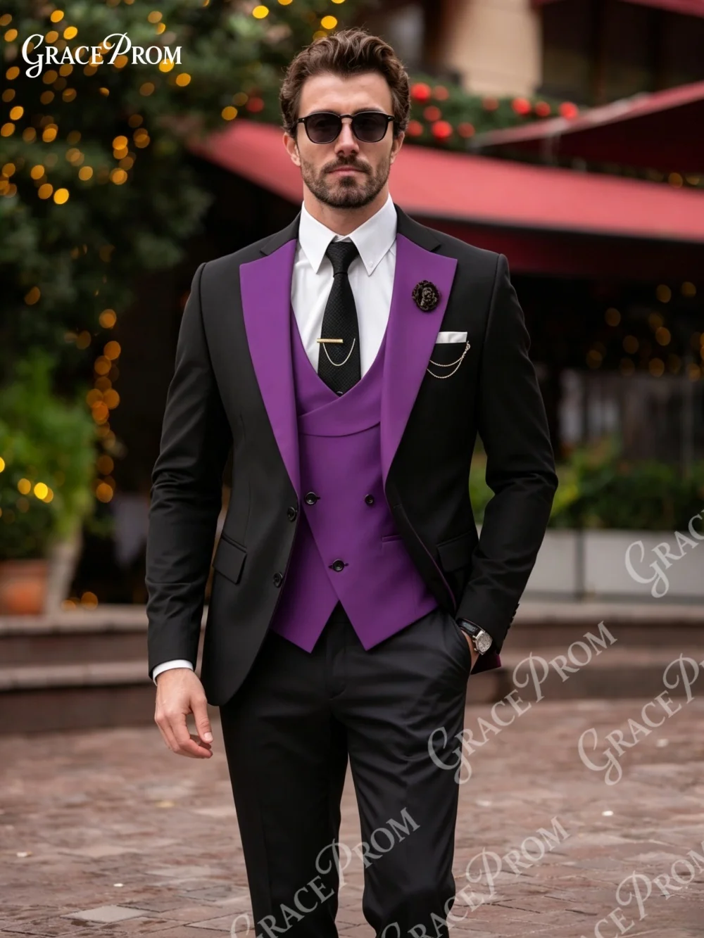 

New Arrival Men Black Purple Contrast Color 3 PCS Wedding Suit Double Breasted Purple Vest Slim Fit Groom Tuxedo For Prom Dinner