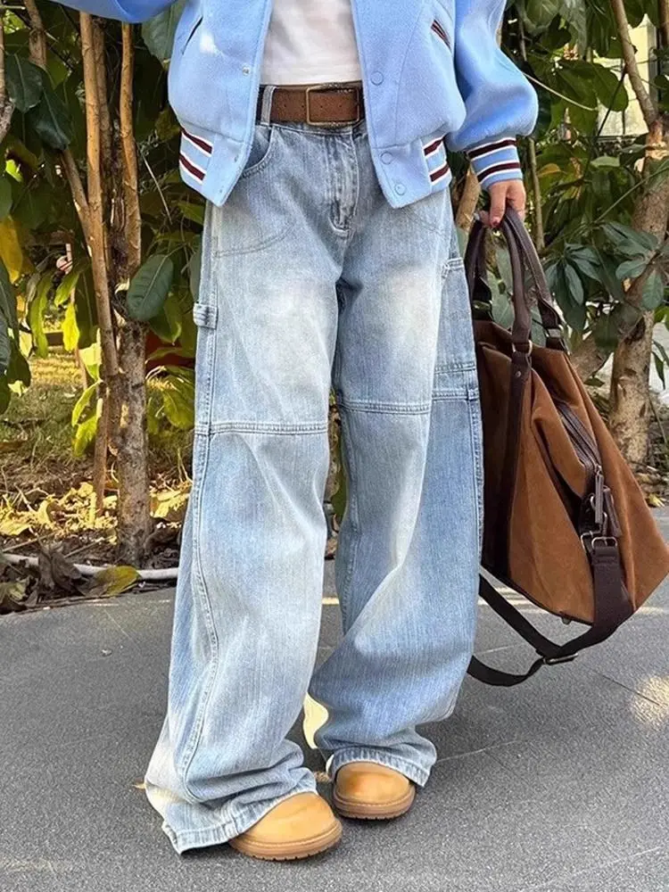 

American style loose letter printed curved knife jeans for women autumn new loose fashion straight leg wide leg pants