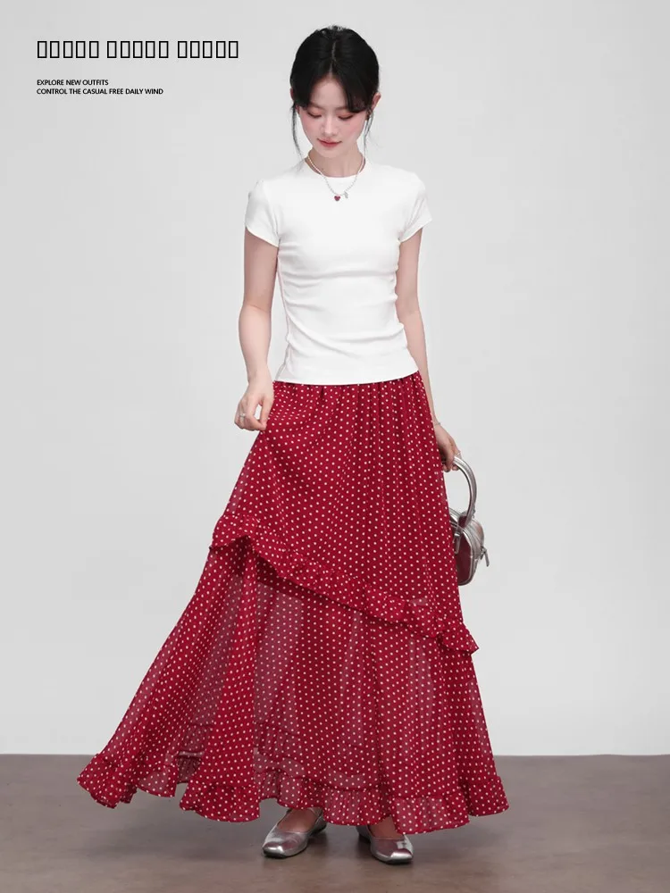 

Женская летняя длинная шифоновая юбка миди Galaxy Resident с завышенной талией, асимметричным подолом и принтом в горошек, фасон «колокол»