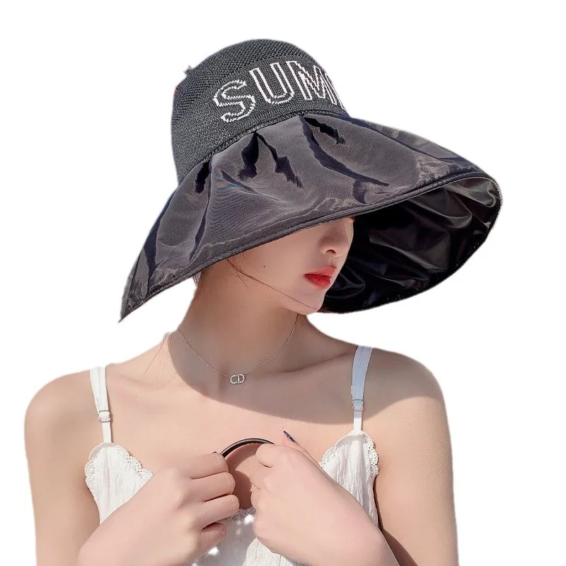 

Korean New Hat Fashion Letter Knitted Mesh Sun Protection and Sunshade Hat Summer Extra Large brim Folding Sun Hat