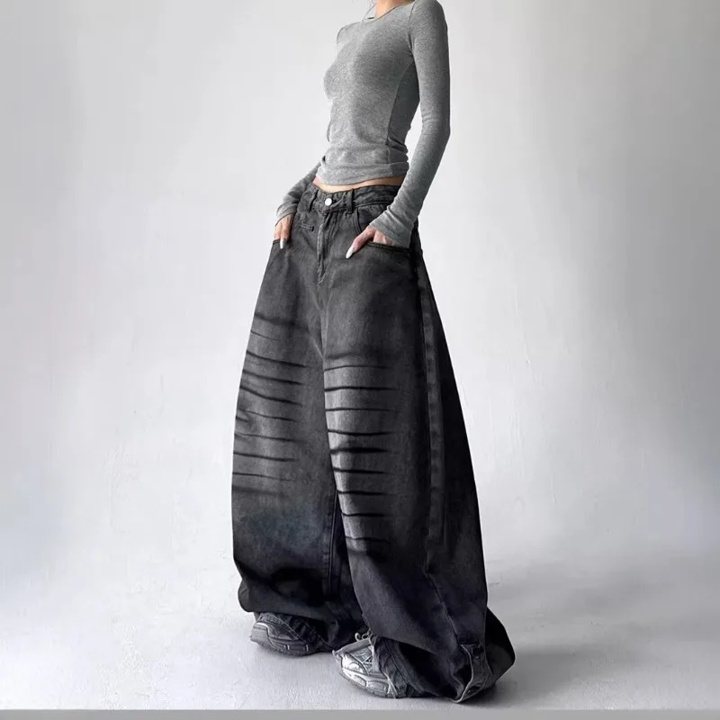 2026 New American High Street Gradient Fade Stripe Design Jeans Women's Y2k Streetwear Korean Fashion Loose Wide Leg Denim Pants