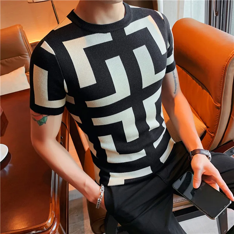 2024 Autumn Lapel Men\'s Short Sleeve Knitwear T Shirt High Quality Jacquard Pattern Slim Korean Style Crew Neck Tee Shirt 4XL-M