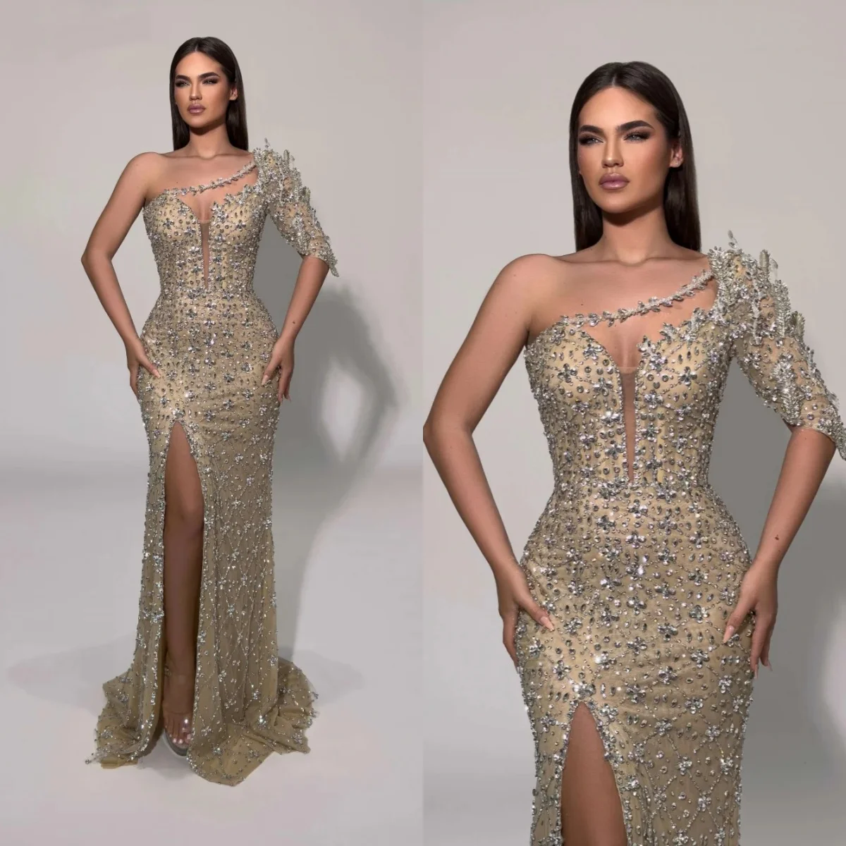 

Современные свадебные платья на одно плечо, хрустальные свадебные платья, расшитые бисером, с разрезом по бокам, принцесса-русалка, индивидуальные платья Vestidos De Novia