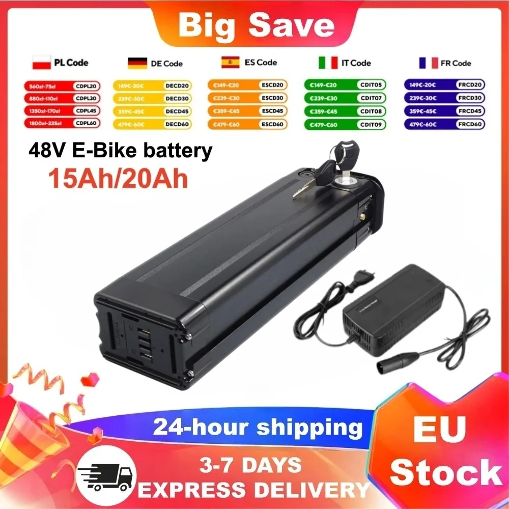 48V 15Ah 20Ah 18650 Lithium-Akku mit Integriertem BMS, Wiederaufladbarer E-Bike-Akku mit Ladegerät für Silverfish 250W-1000W Bafang Motorkit
