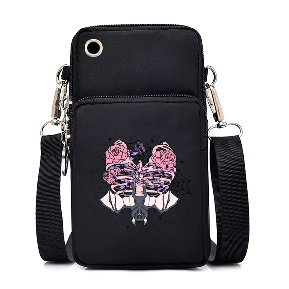 Skull Cat Print Shoulder Bag para mulheres, Mini bolsa para telefone móvel, Bolsa Gótica Punk, Bolsas Crossbody, Carteira de moda