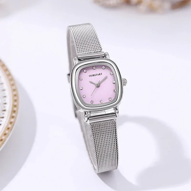 Montre à quartz carrée avec cadran en biscuits brillant pour femme, montres-bracelets à quartz avec ceinture en maille élégante, montre simple pour étudiant, mode