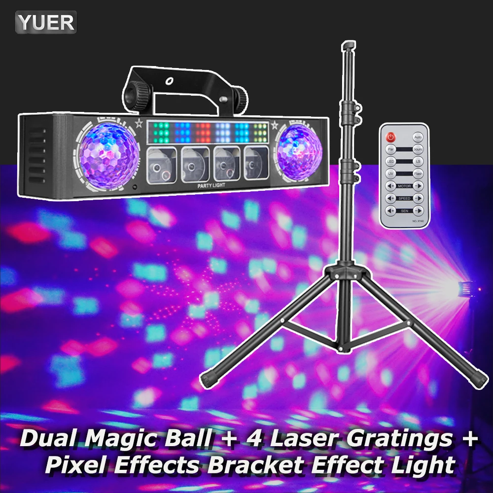 Mini Dual Magic Ball + 4 Laser Gratings + Pixel Effects Bracket Effect Light Stage Lighting Sound Control DJ With Bracket Disco