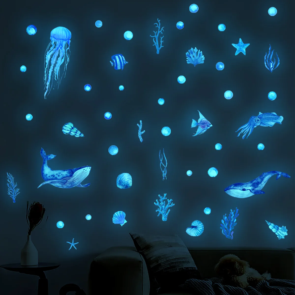 1 Set of Detachable Daterproof Self-adhesive Marine Animal Blue Luminous Wall Stickers Children's Room Decoration