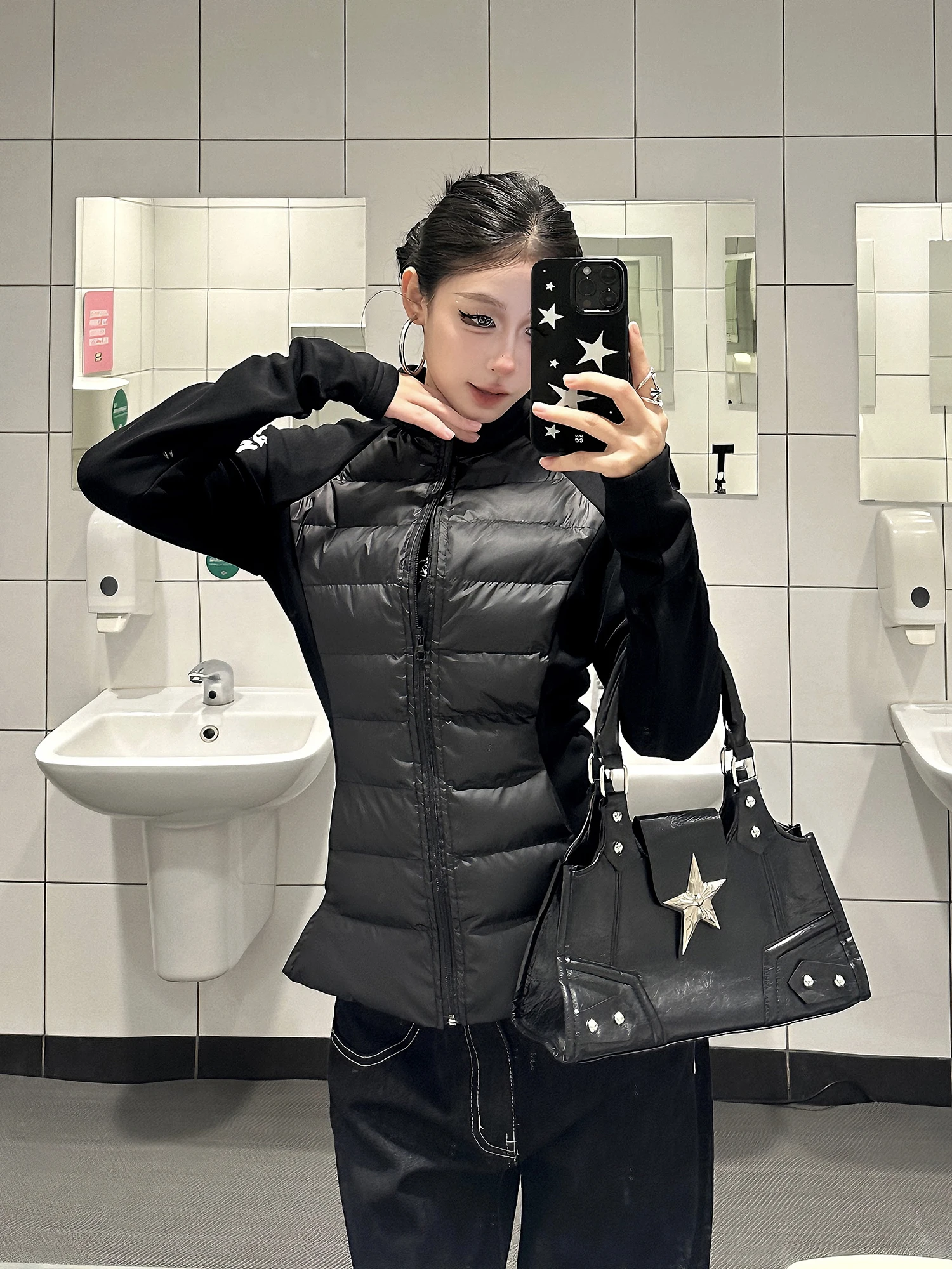 

Street Sle Thiened Cotton Patchwork Slim Fit Stand Collar American Retro Women's Autumn Winter Coat ort Outerwear