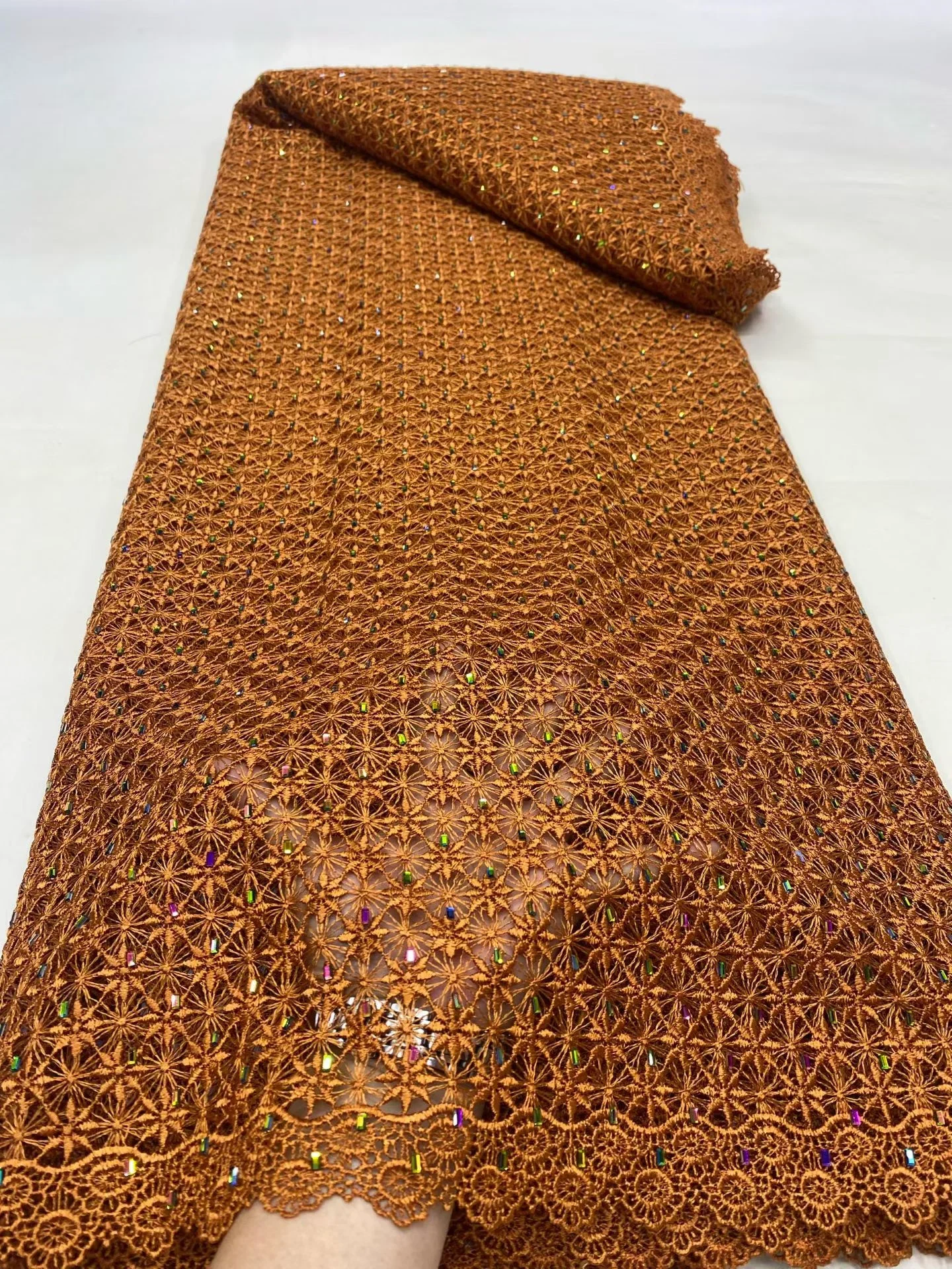 

Latest 2025 High Quality African Nigerian With Tulle Sewing Guipure Lace Fabric Embroidery Dresses Sequins 5Yards DP0458