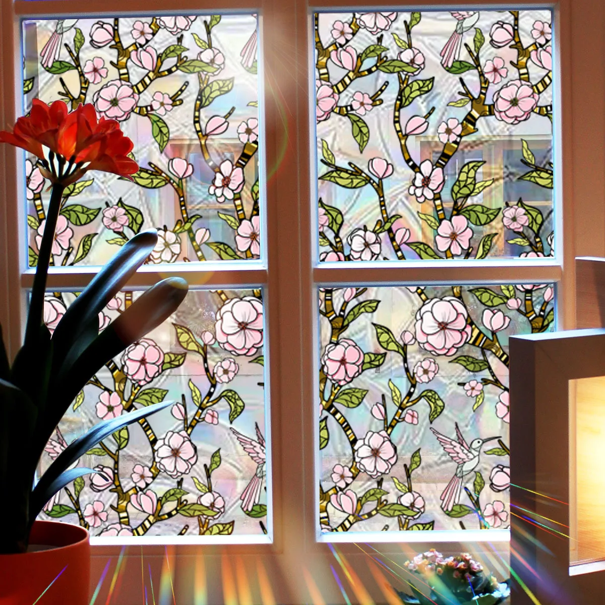 Pink Floral Stained Window Film Double-Sided Floral Electrostatic Glass Sticker for Living Room Bedroom Home Windows Decoration