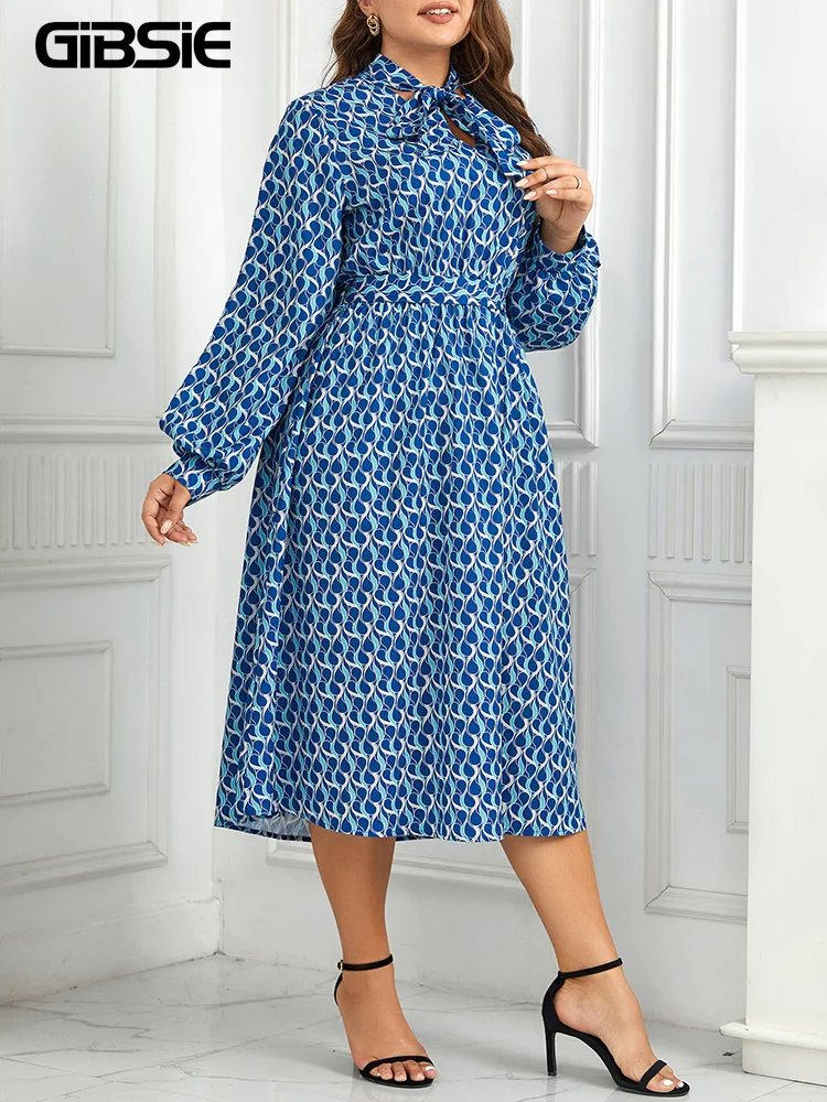 GIBSIE Plus Size Bow Tie Neck Belted Print Long Dress Women Spring Fall Casual Fashion Party A-Line Dresses with Slit Sleeve