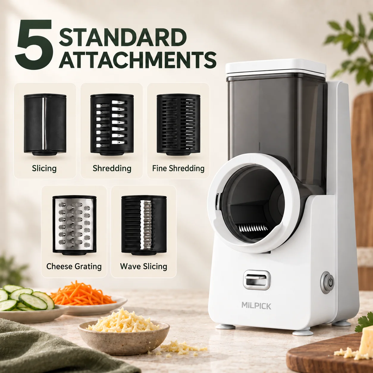 Food Processing Tools Stainless Steel Blades Low Noise 5-In-1 Vegetable & Fruit Chopper & Slicer for Home Kitchen Use