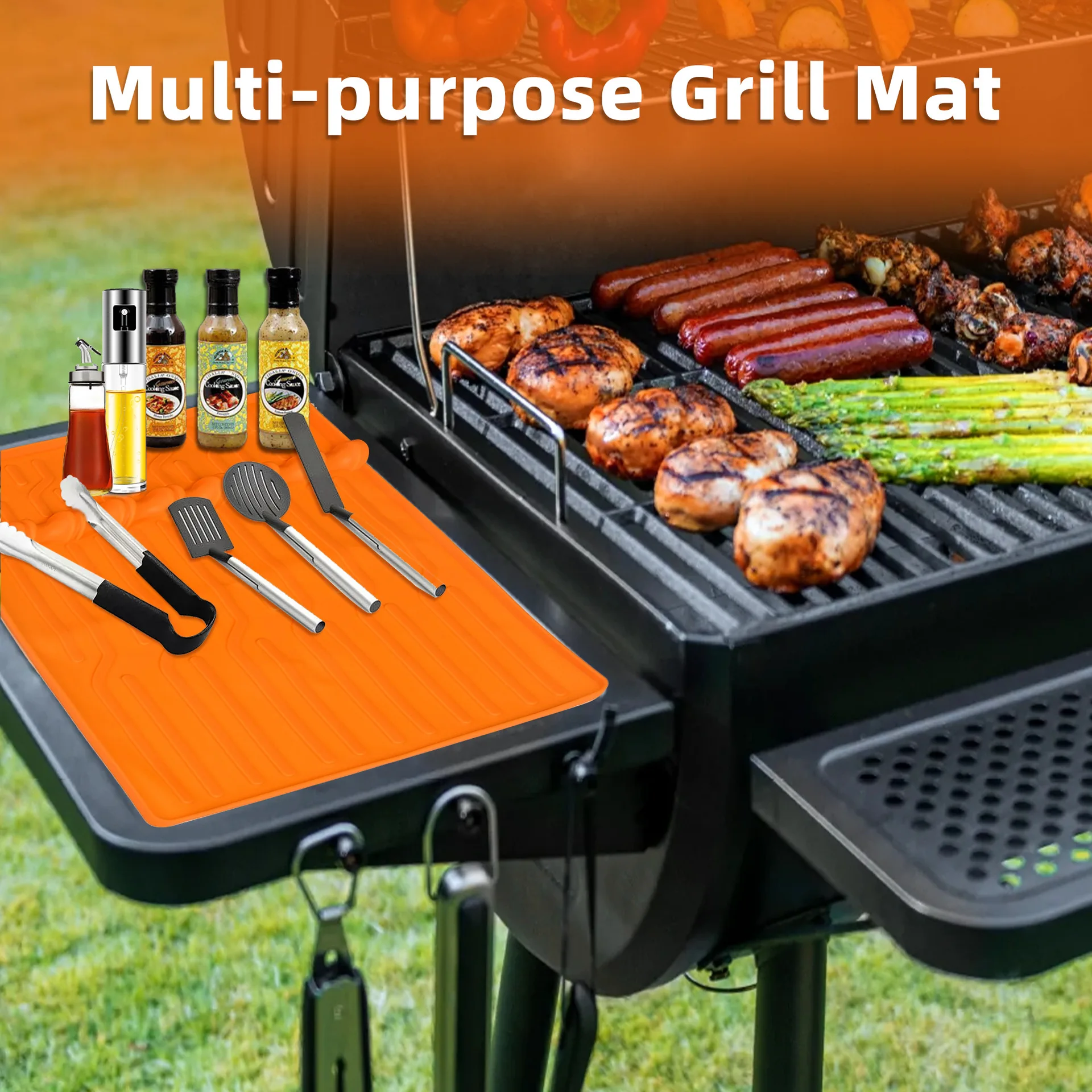 

BBQ Grill Silicone Side Rack Tool, Grill Pan Accessories Side Rack Pad, Silicone Mat with Drip Pad Kitchen Gadgets Kitchen Tools